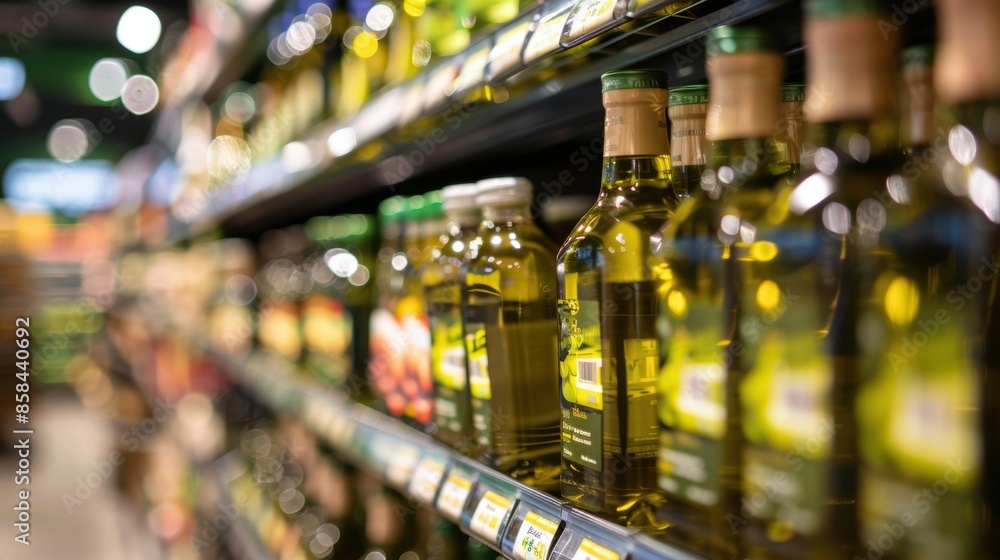 Olive oil bottles lined up on supermarket shelf Olive oil bottles lined up on supermarket shelf