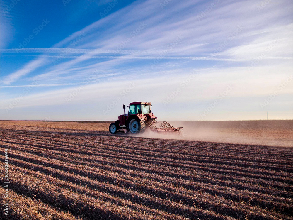 Tractor planting a potato crop Tractor planting a potato crop
