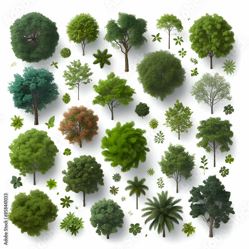 trees from above, collection of lush plants isolated on a white background.