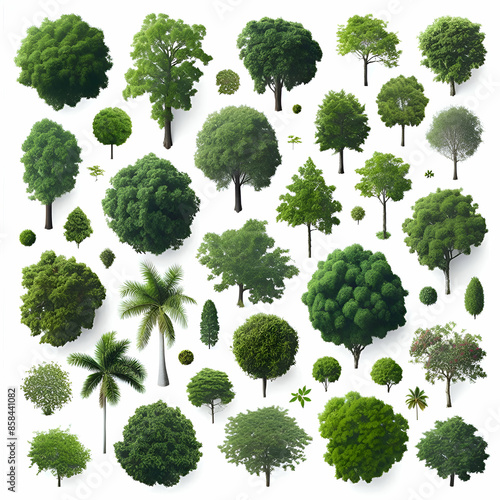 trees from above, collection of lush plants isolated on a white background.