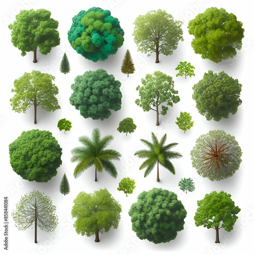 trees from above, collection of lush plants isolated on a white background.