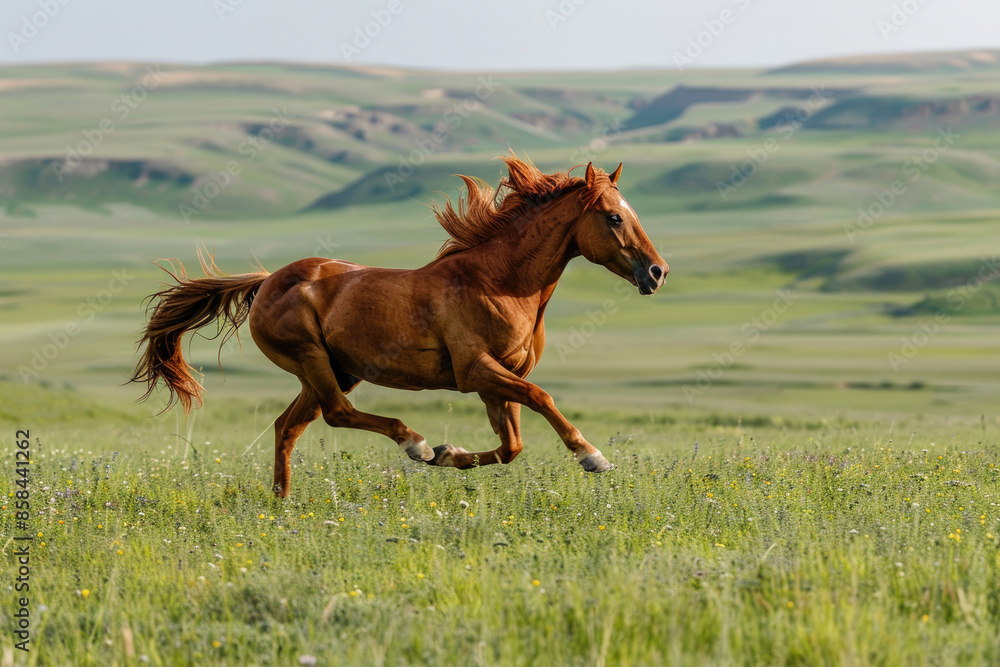 Fototapeta premium A horse gallops across a meadow, mane and tail streaming in the wind