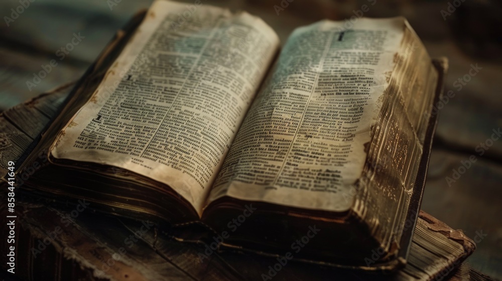 Obraz premium An open book placed on a wooden table, perfect for educational or decorative purposes