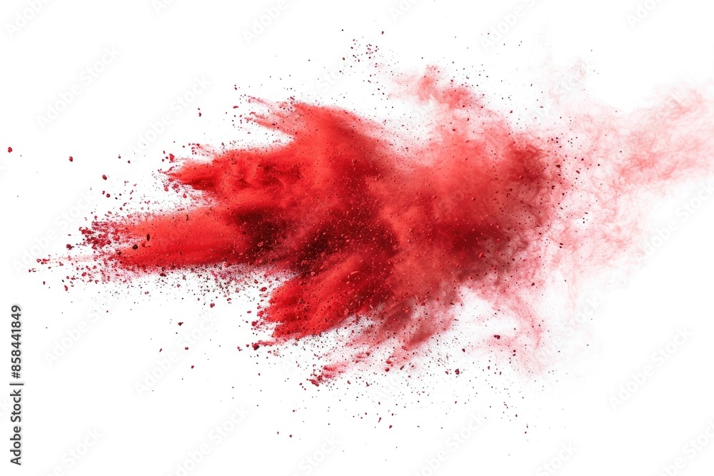 Explosive force on white surface, splattered red powder Explosive force on white surface, splattered red powder