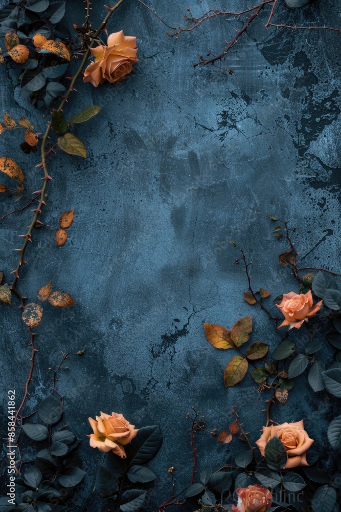 A bouquet of bright orange roses sits atop a deep blue wall, ideal for decoration or as a symbol of appreciation A bouquet of bright orange roses sits atop a deep blue wall, ideal for decoration or as a symbol of appreciation