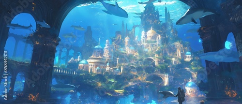 A blue and green underwater scene with a castle and a lot of sharks. Anime background