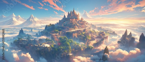 A castle is shown in the sky with mountains in the background. Anime background photo