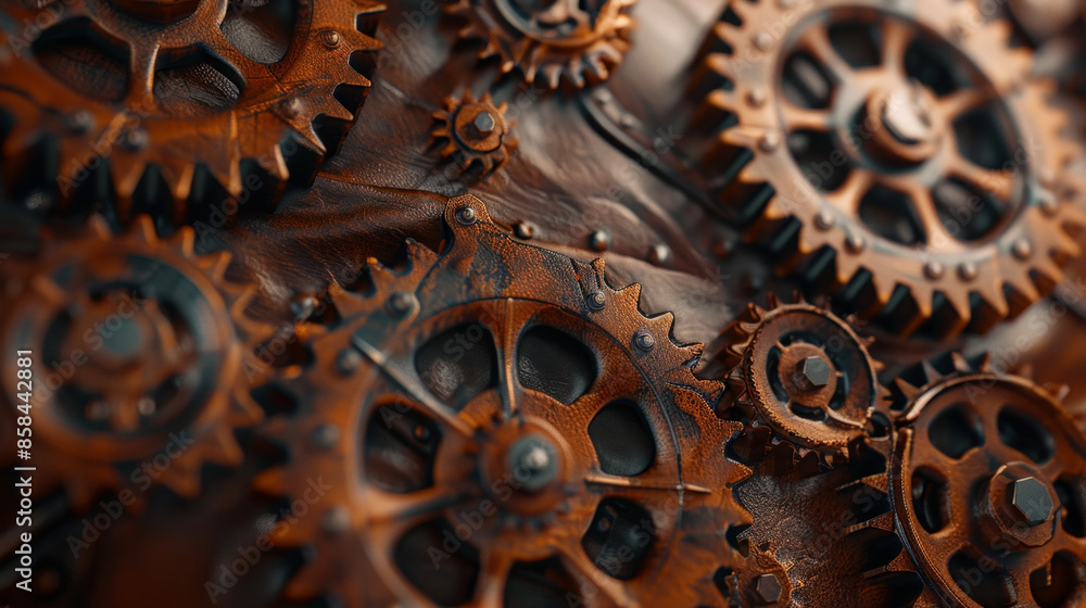 Steampunk background with gears and cogs on brown leather texture, industrial design concept Steampunk background with gears and cogs on brown leather texture, industrial design concept