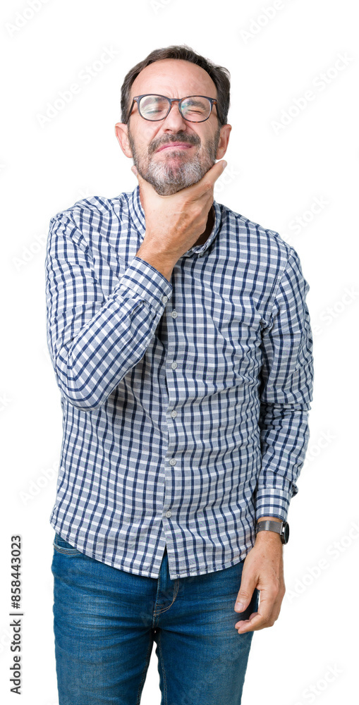 Handsome middle age elegant senior man wearing glasses over isolated background Touching painful neck, sore throat for flu, clod and infection Handsome middle age elegant senior man wearing glasses over isolated background Touching painful neck, sore throat for flu, clod and infection