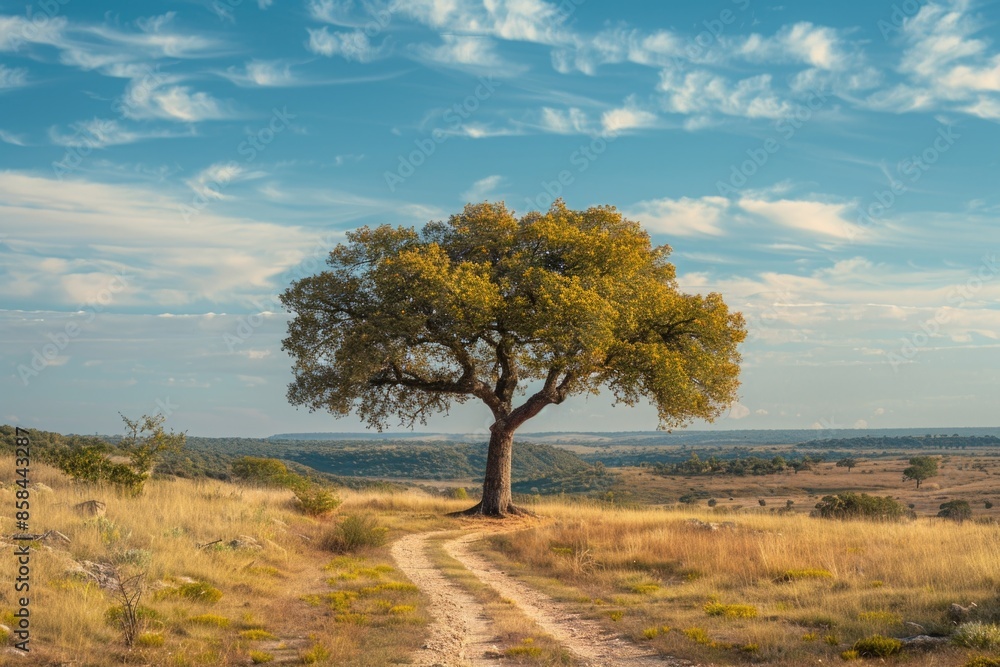 A single tree stands tall beside a dirt road, surrounded by open space A single tree stands tall beside a dirt road, surrounded by open space