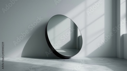 modern charcoal black mirror with smooth concrete texture from polyhaven and silver details, sleek silhouette, minimalist look fun pose, clean white background, in clean studio lighting, product photo