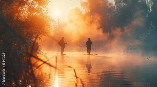Two people Fishing on A Lake  on a misty sunlit lake , symbol of patience © garpinina