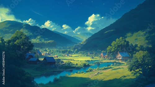 A peaceful countryside scene with a river running through it. Anime background