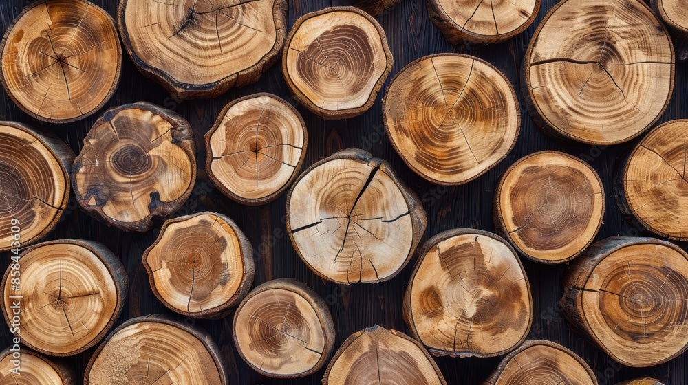 Close-up view of teak wood tree stump cross-sections Close-up view of teak wood tree stump cross-sections