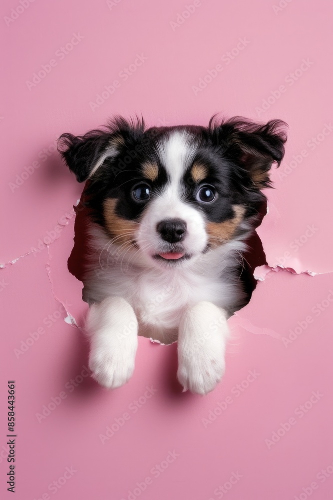 A small black and white dog looking out from a hole in a pink wall A small black and white dog looking out from a hole in a pink wall