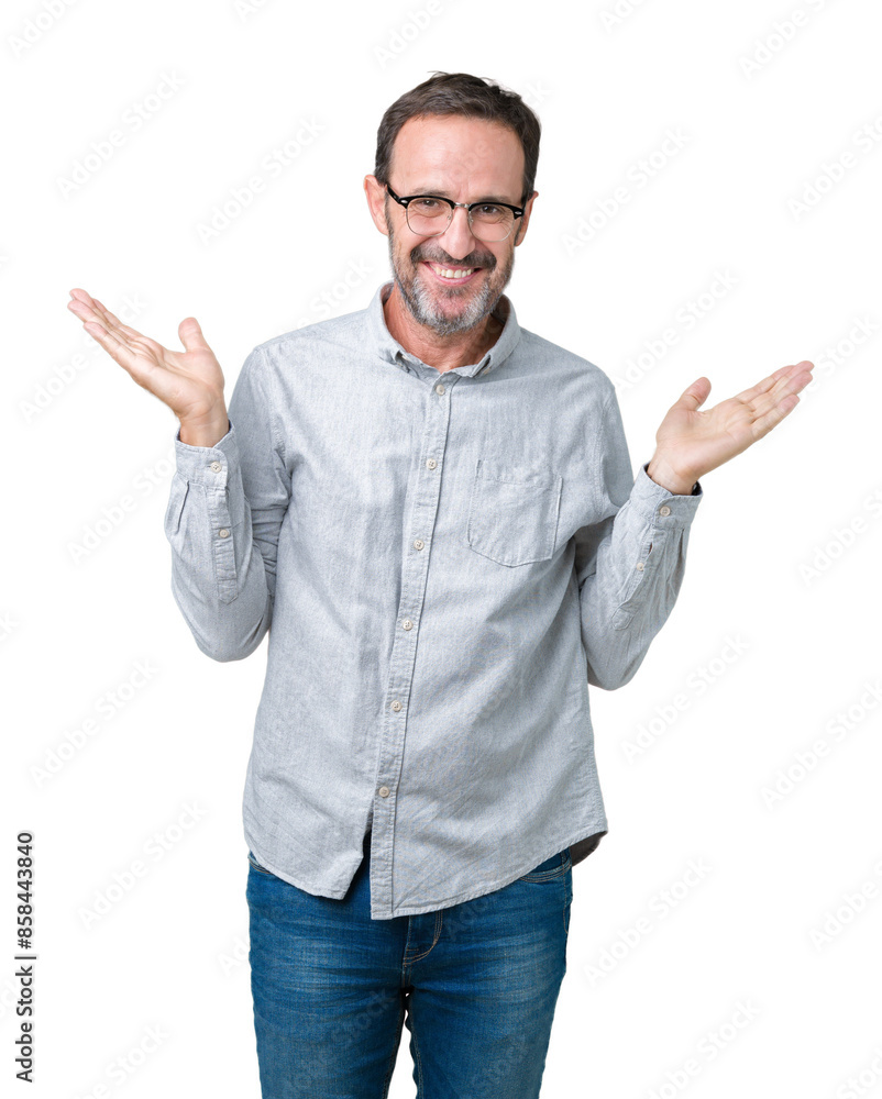 Handsome middle age elegant senior man wearing glasses over isolated background Smiling showing both hands open palms, presenting and advertising comparison and balance Handsome middle age elegant senior man wearing glasses over isolated background Smiling showing both hands open palms, presenting and advertising comparison and balance
