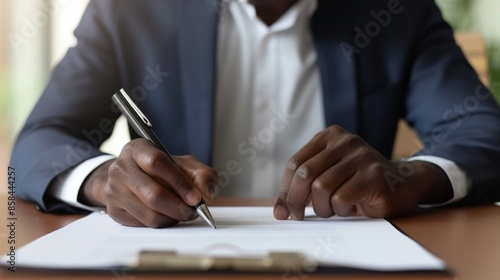 Horizontal close up photo african businessman sitting at desk holds pen signing contract paper, lease mortgage, employment hr or affirm partnership agreement concept, banner for website header design 