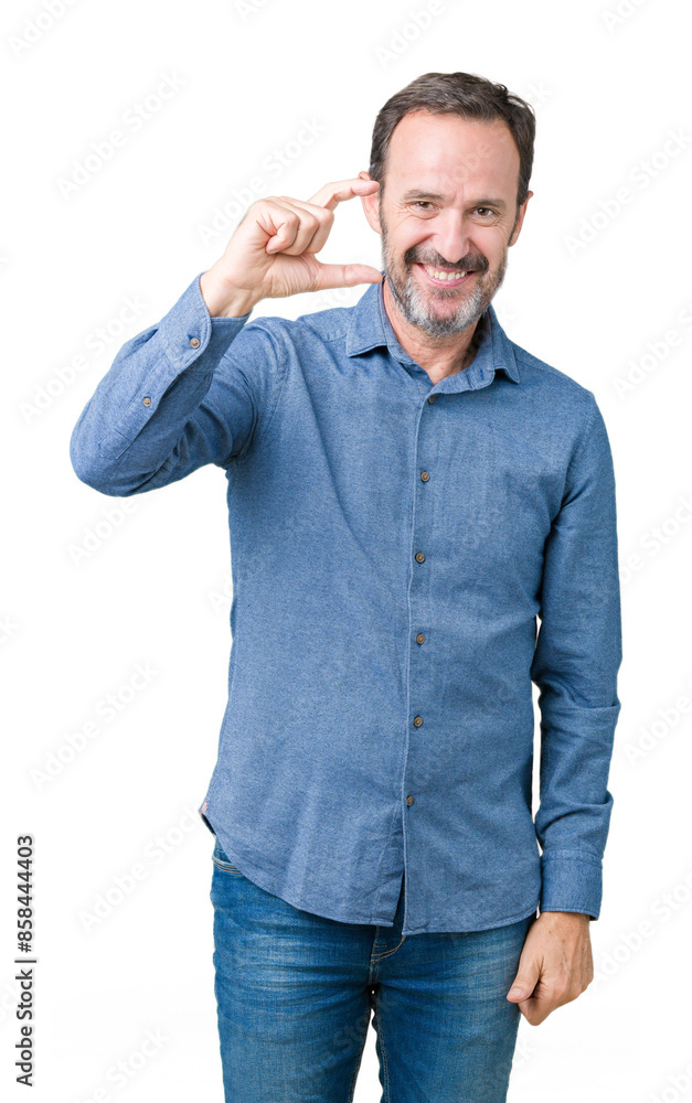 Handsome middle age elegant senior man over isolated background smiling and confident gesturing with hand doing size sign with fingers while looking and the camera. Measure concept. Handsome middle age elegant senior man over isolated background smiling and confident gesturing with hand doing size sign with fingers while looking and the camera. Measure concept.