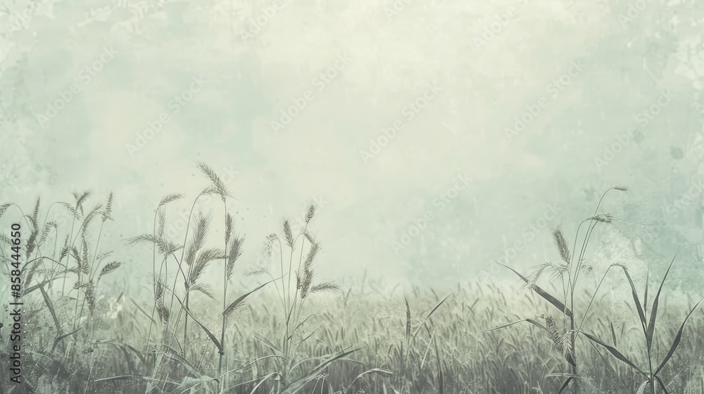 Fototapeta premium Vintage illustration of a foggy wheat field at dawn