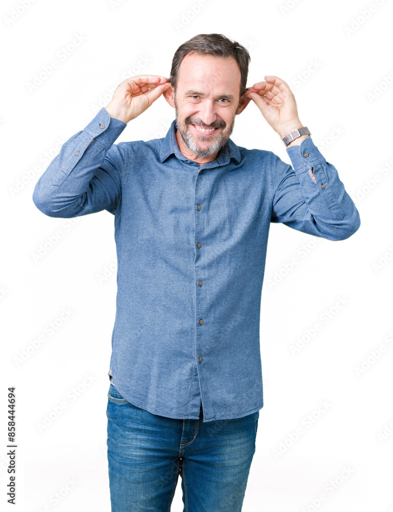 Handsome middle age elegant senior man over isolated background Smiling pulling ears with fingers, funny gesture. Audition problem Handsome middle age elegant senior man over isolated background Smiling pulling ears with fingers, funny gesture. Audition problem