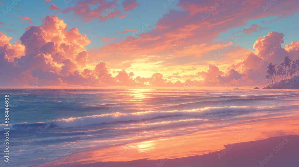 Fototapeta premium A beautiful sunset over the ocean with a palm tree in the background. Anime background