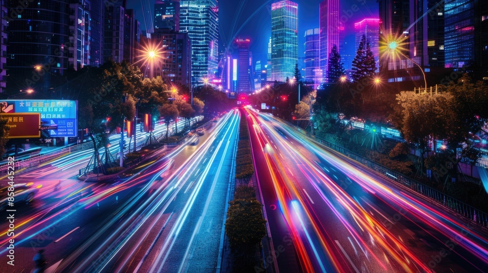 Nighttime scene with heavy traffic on city streets Nighttime scene with heavy traffic on city streets