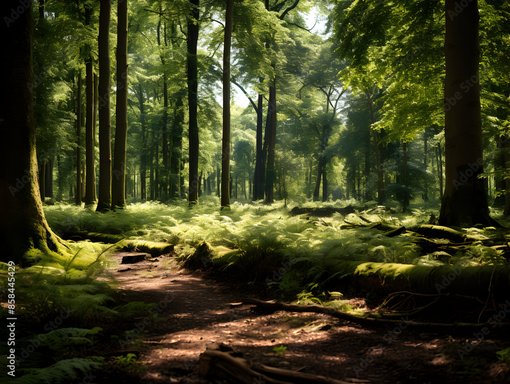 Obraz premium A tranquil forest with tall trees reaching towards a clear blue sky, sunlight filtering through the leaves