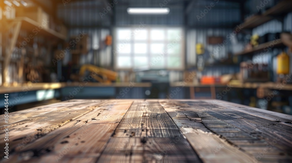 Carpentry workshop with blurred background and scratched table Carpentry workshop with blurred background and scratched table