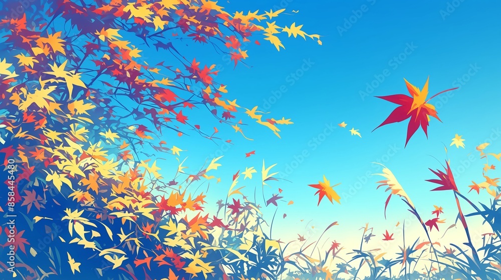 A beautiful autumn scene with a blue sky and a tree full of leaves. Anime background A beautiful autumn scene with a blue sky and a tree full of leaves. Anime background