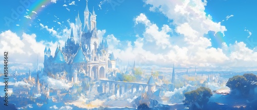 A castle with a rainbow in the sky. Anime background