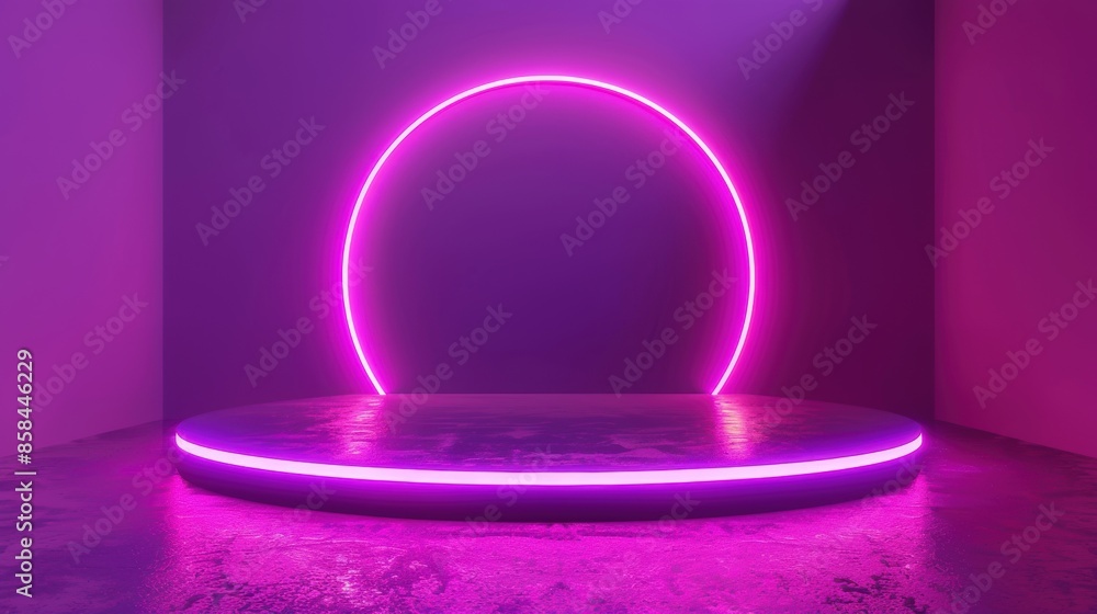 Purple neon showcase mockup with circular product display stage Purple neon showcase mockup with circular product display stage