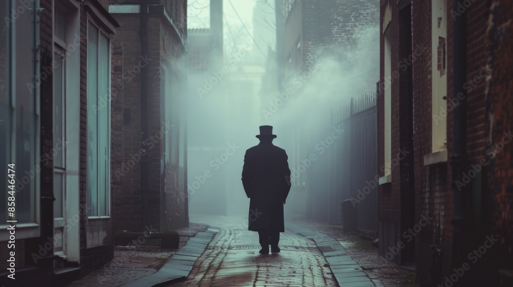 A gentleman walking down the street wearing a top hat and coat, providing an image of elegance and sophistication A gentleman walking down the street wearing a top hat and coat, providing an image of elegance and sophistication