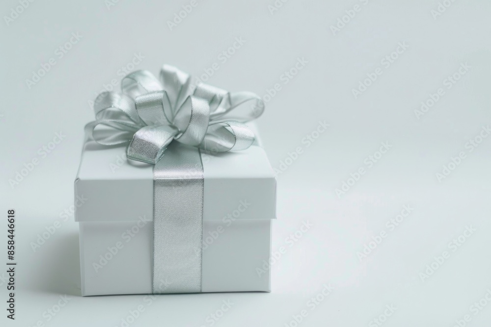 A closed gift box wrapped with a silver ribbon and a decorative bow, perfect for special occasions or as a decorative item A closed gift box wrapped with a silver ribbon and a decorative bow, perfect for special occasions or as a decorative item