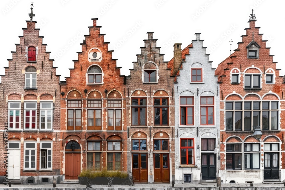 Fototapeta premium Row of brick buildings with a clock tower, perfect for use in architectural or urban planning contexts