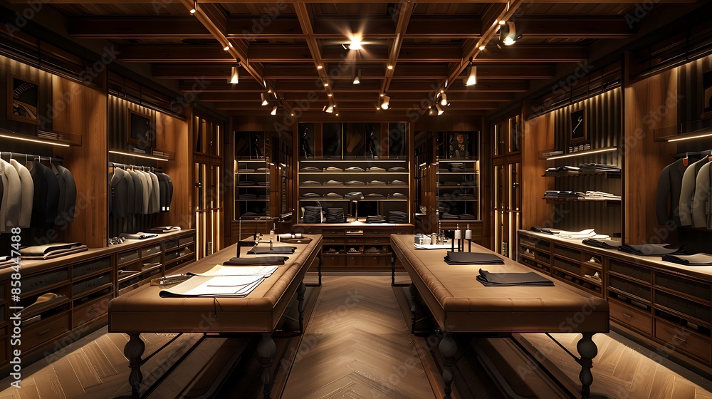 bespoke tailor shop with targeted spotlighting over each work station bespoke tailor shop with targeted spotlighting over each work station