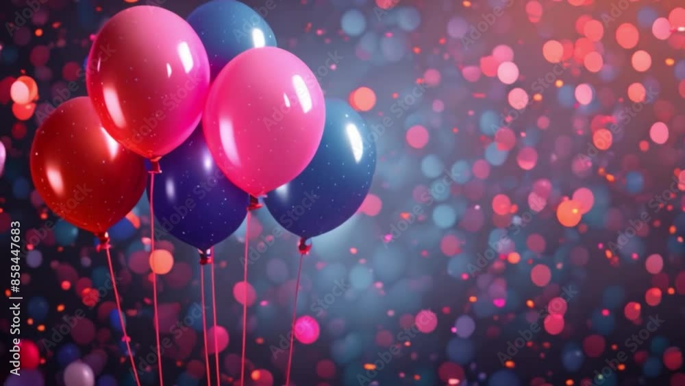 Close-up shot of colorful balloons with confetti against a blue background with bokeh lights. Close-up shot of colorful balloons with confetti against a blue background with bokeh lights.