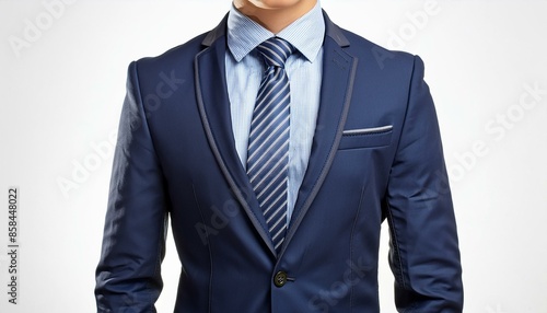 A sharp, navy blue business suit with a tailored fit, light blue dress shirt, and a striped tie, perfect for a corporate environment, displayed on a white background. photo