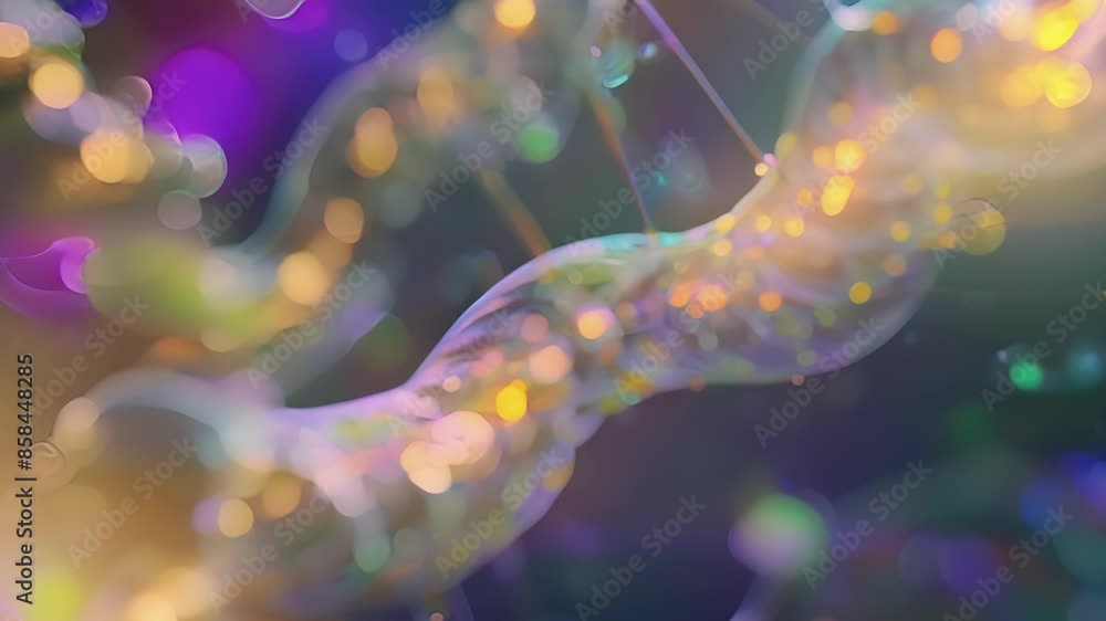 Two strands of premRNA being joined together by splicing machinery with glowing enzymes at work. Two strands of premRNA being joined together by splicing machinery with glowing enzymes at work.