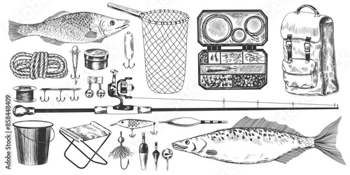 Set of fishing equipment. Collection of devices for sport fishing. Sketch style fishing rod, net, line, floats, tackle box, portable camping chair, rope, backpack. Hand drawn illustration of fish