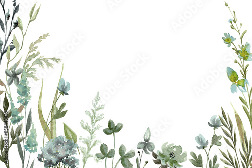 Wallpaper Mural Wildflowers frame watercolor isolated botanical illustration with thin spikelets and twigs. Hand painted blue and green meadow wild flower floral background for invitation and card template. Torontodigital.ca