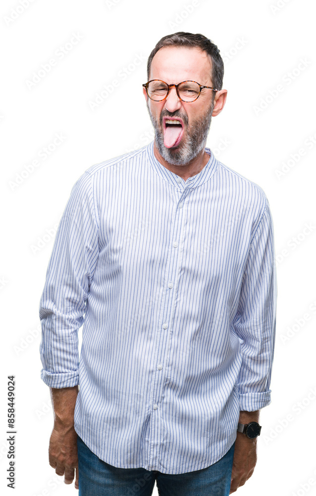 Middle age hoary senior man wearing glasses over isolated background sticking tongue out happy with funny expression. Emotion concept. Middle age hoary senior man wearing glasses over isolated background sticking tongue out happy with funny expression. Emotion concept.