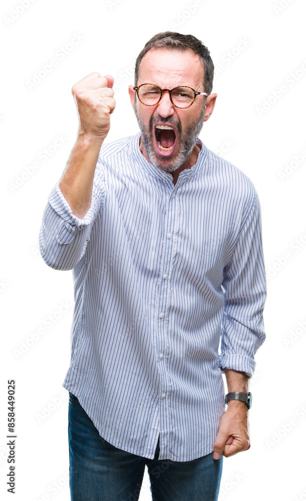 Middle age hoary senior man wearing glasses over isolated background angry and mad raising fist frustrated and furious while shouting with anger. Rage and aggressive concept. Middle age hoary senior man wearing glasses over isolated background angry and mad raising fist frustrated and furious while shouting with anger. Rage and aggressive concept.