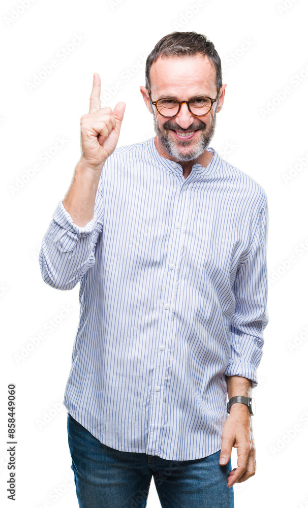 Middle age hoary senior man wearing glasses over isolated background pointing finger up with successful idea. Exited and happy. Number one. Middle age hoary senior man wearing glasses over isolated background pointing finger up with successful idea. Exited and happy. Number one.