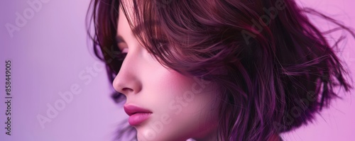 A woman with purple hair is sitting on a purple background. Concept of relaxation and comfort, as the woman is at ease in her purple surroundings.