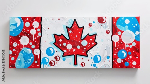 Lively kawaiistyle Canadian flag with the maple leaf and stripes as bubbly cartoon figures, on a white s photo