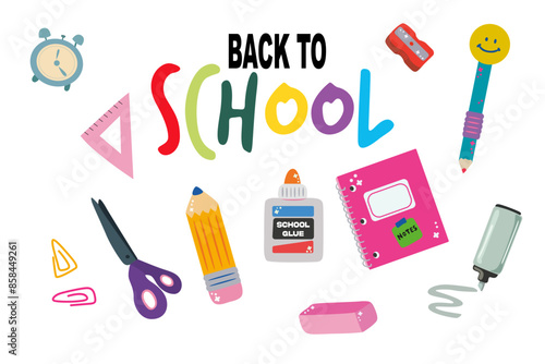 Back to school, college, education, study concept. Set of school supplies. Children's cute stationery subjects. Flat vector illustration