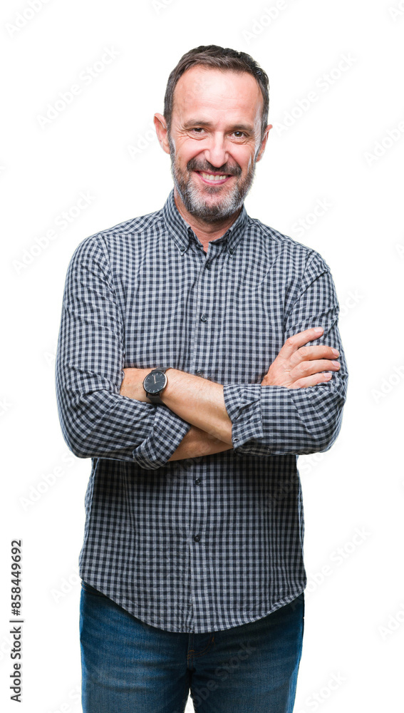 Middle age hoary senior man over isolated background happy face smiling with crossed arms looking at the camera. Positive person. Middle age hoary senior man over isolated background happy face smiling with crossed arms looking at the camera. Positive person.