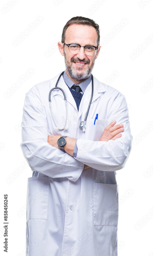 Middle age senior hoary doctor man wearing medical uniform isolated background happy face smiling with crossed arms looking at the camera. Positive person. Middle age senior hoary doctor man wearing medical uniform isolated background happy face smiling with crossed arms looking at the camera. Positive person.