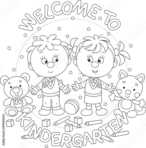 Welcome to kindergarten card with funny little boy and girl among their toys going to nursery school, black and white vector cartoon illustration for a coloring book