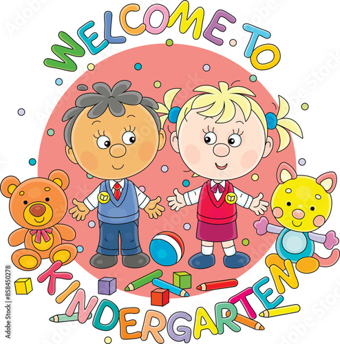 Welcome to kindergarten card with funny little boy and girl among their toys going to nursery school, vector cartoon illustration